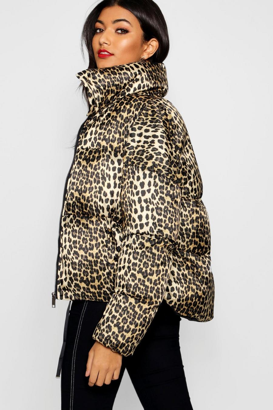 Stone Leopard Print Puffer Coat image number 1
