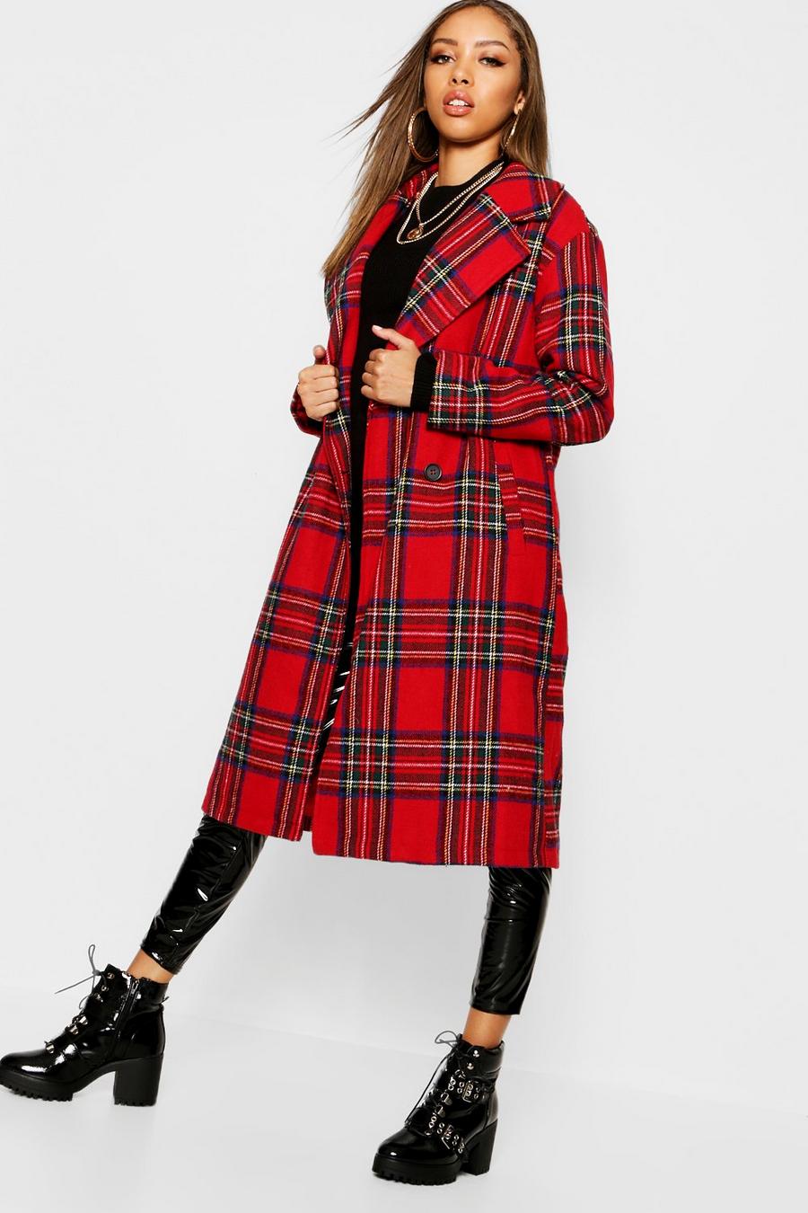 Red Tartan Check Oversize Wool Look Coat image number 1