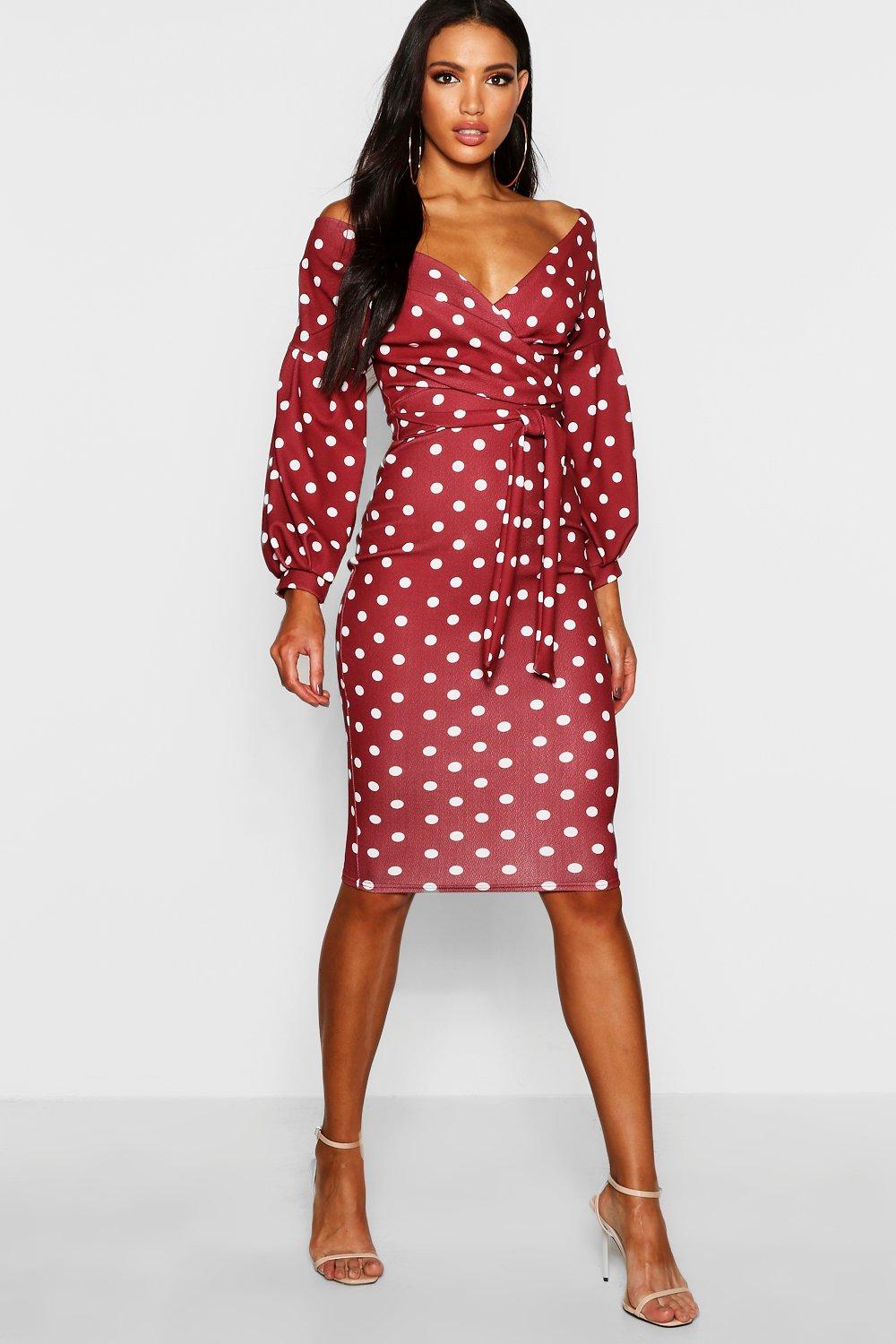 red polka dot off shoulder dress