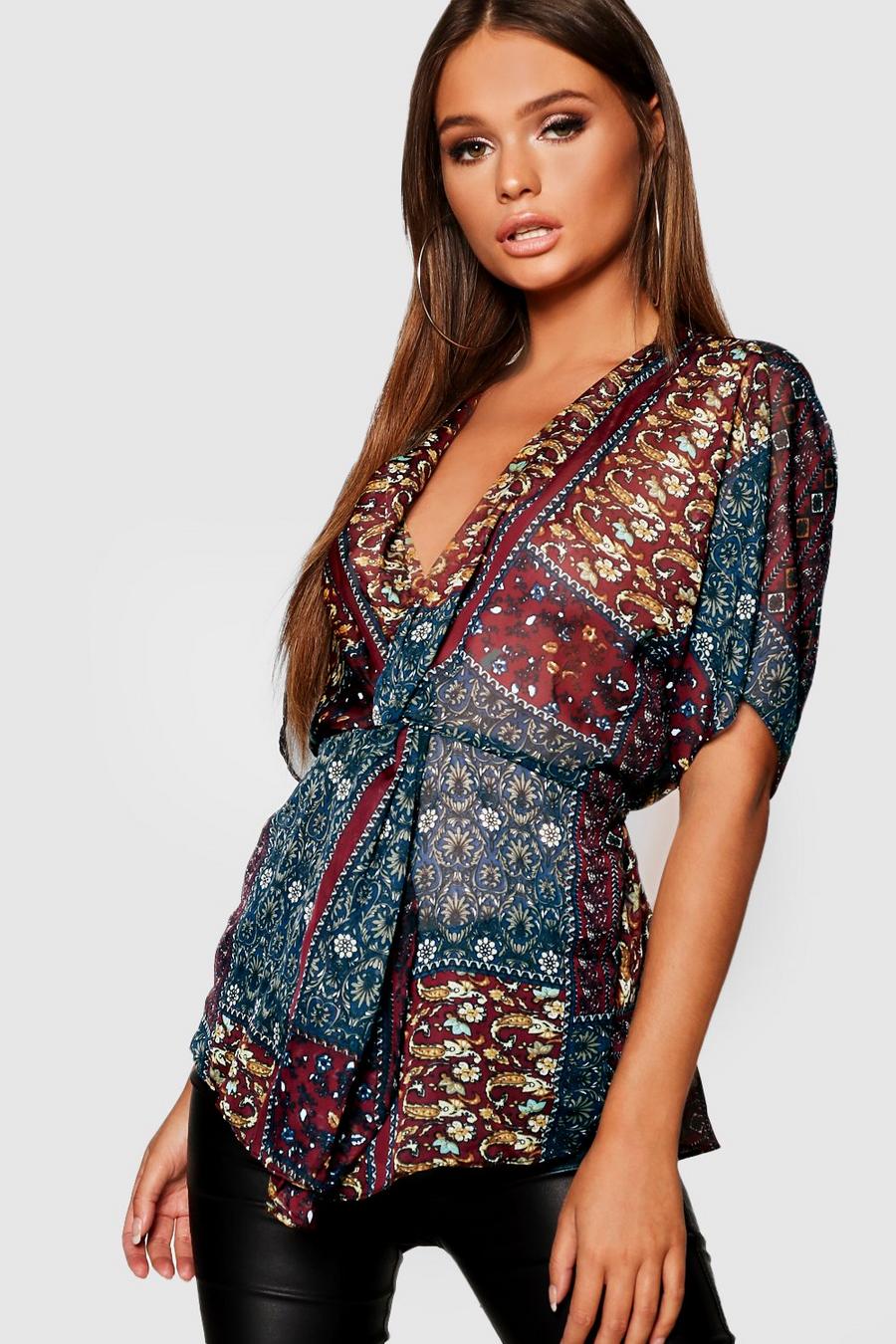 Berry rouge Opgeknoopte Boho Blouse