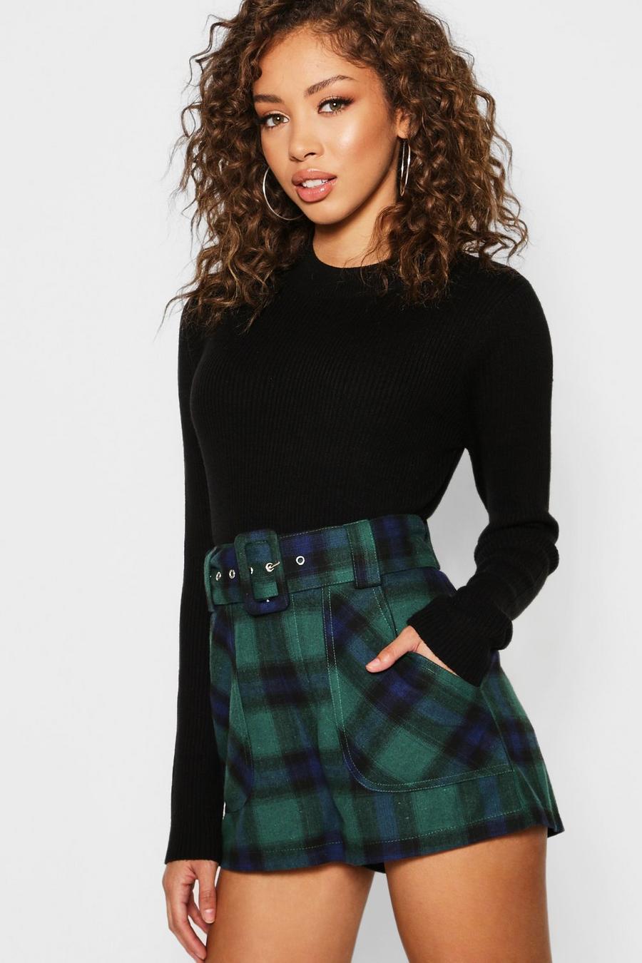 Green Plaid Belted High Waist Shorts image number 1