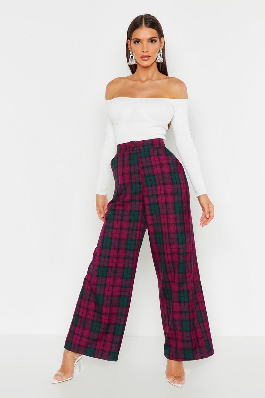 Plum Woven Tartan Check Wide Leg Trousers image number 1
