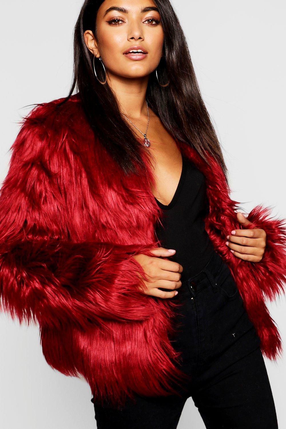 Red shaggy jacket deals