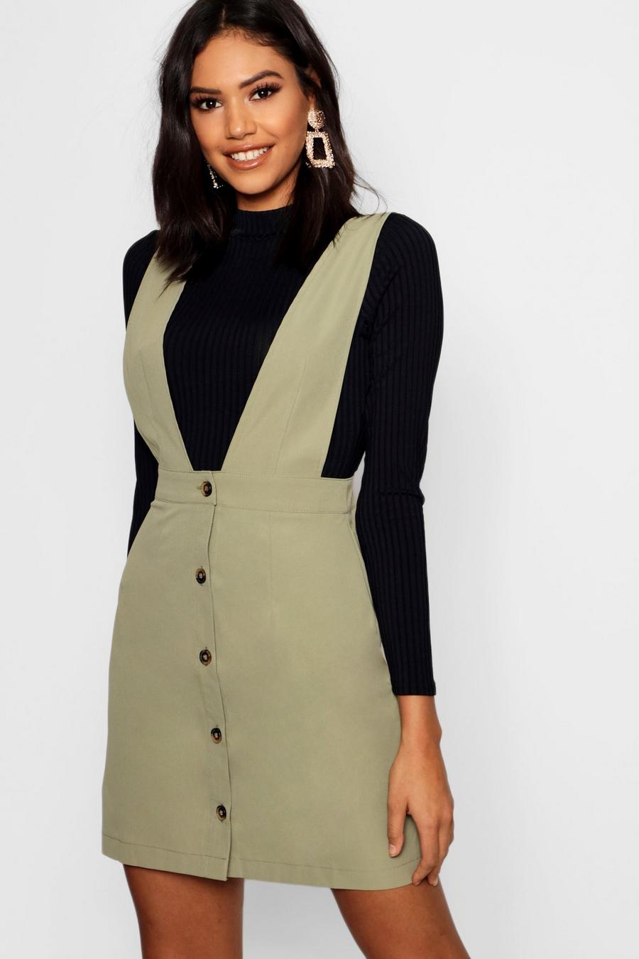 Khaki Plunge Front Button Pinafore Dress image number 1
