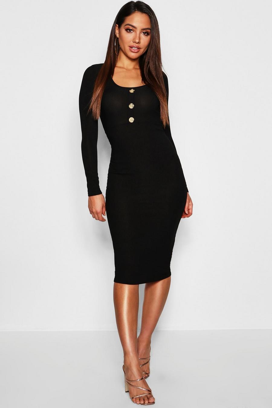 Black Ribbed Long Sleeve Bodycon Midi Dress With Buttons image number 1