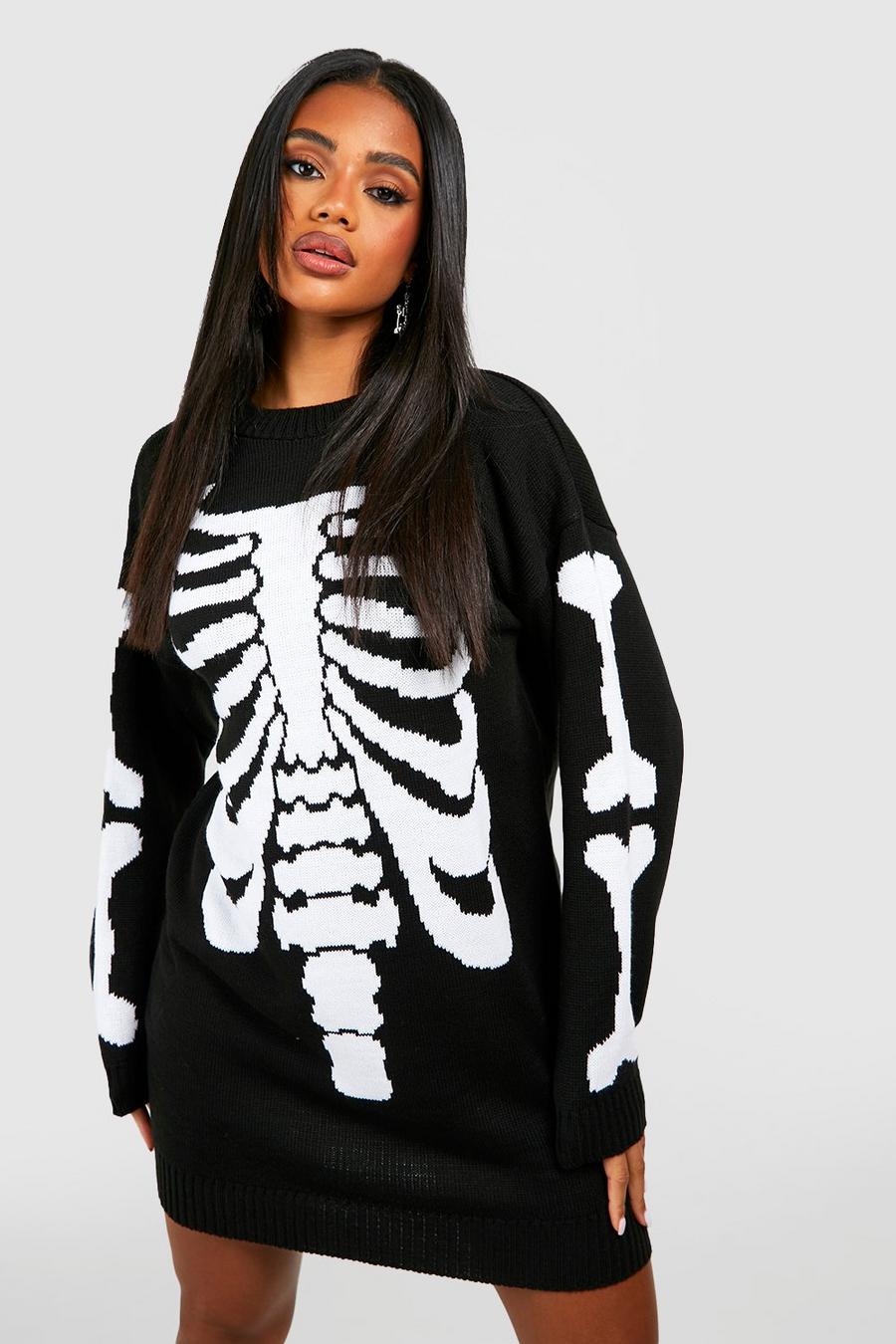 Black Halloween Stickad klänning med skelett image number 1
