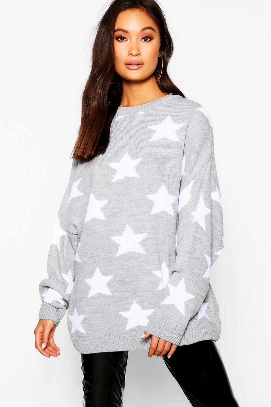 Grey Oversized Star Knitted Jumper image number 1