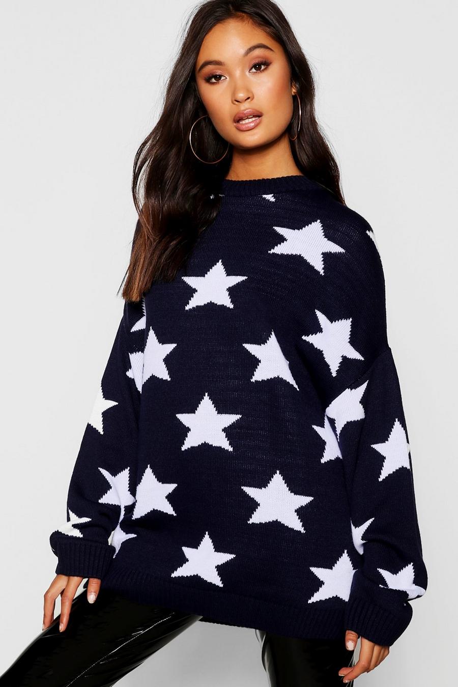 Navy Oversized Star Knitted Jumper image number 1