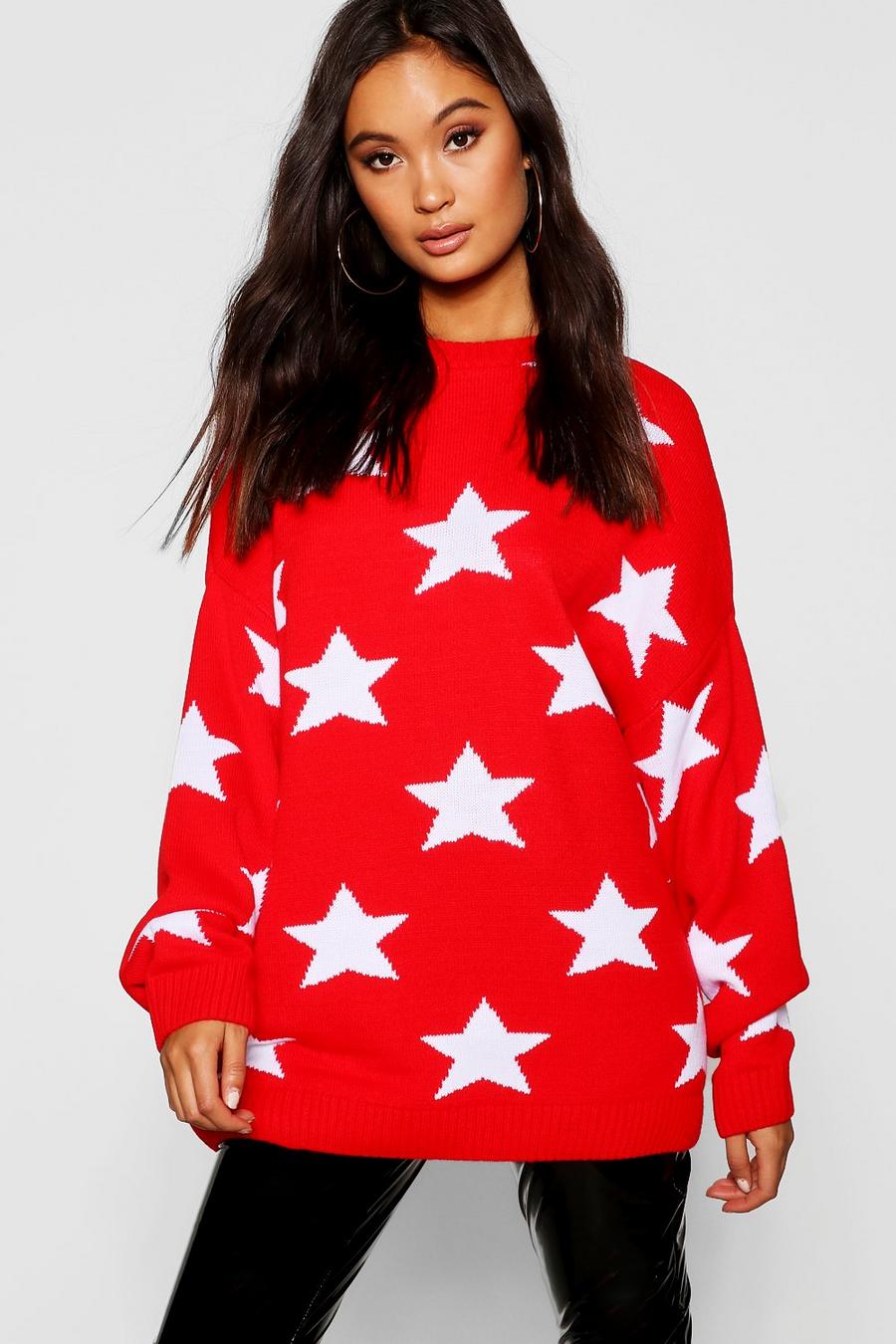 Red Oversized Star Knitted Jumper image number 1