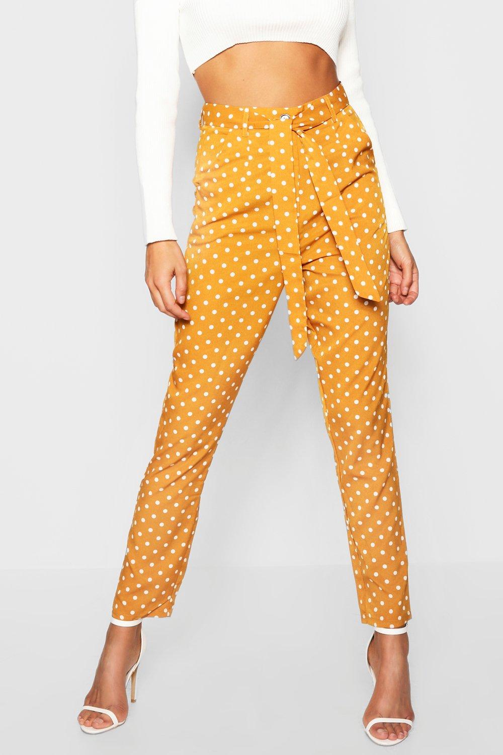 Polka Dot Tie Waist Woven Slim Fit Trousers