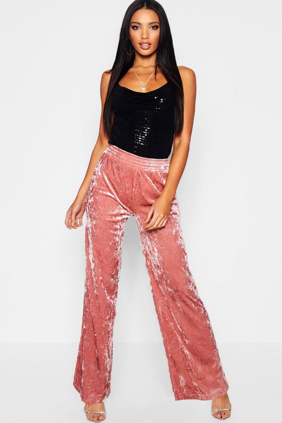 Pink Crushed Velvet Wide Leg Trousers image number 1