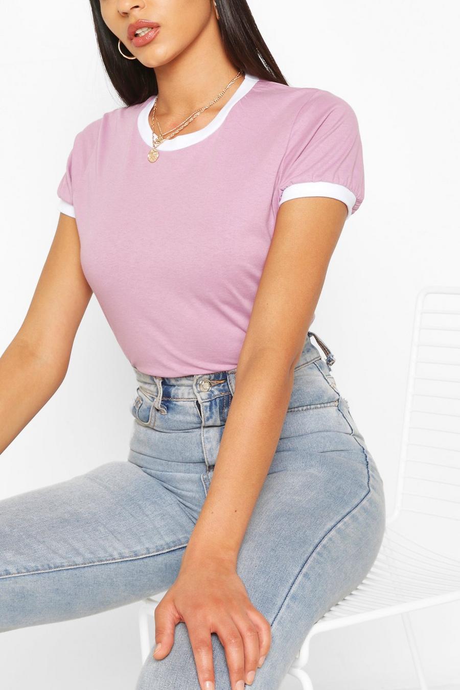 T-shirt à col et manches contrastées, Lilac