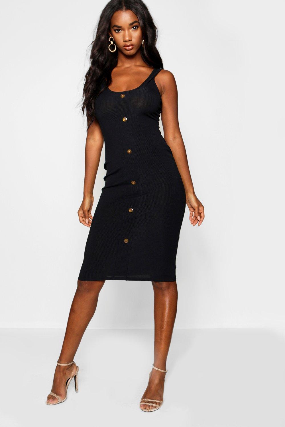 Button Detail Ribbed Midi Dress