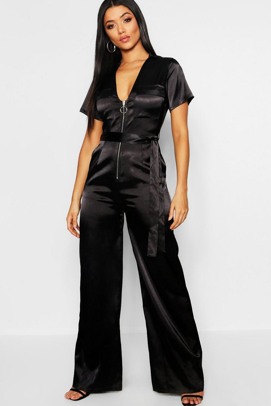 Cargo Utility Jumpsuit mit weitem Bein und Reißverschluss in Satin-Optik image number 1