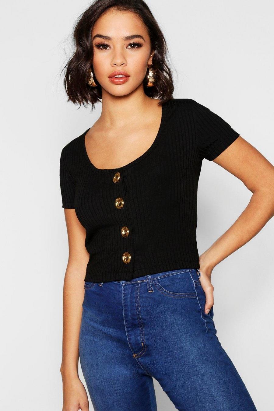 Gold Button Ribbed Knit Top image number 1