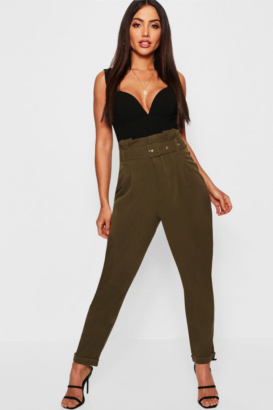 Khaki Paperbag Belted Woven Slim Fit Trousers image number 1