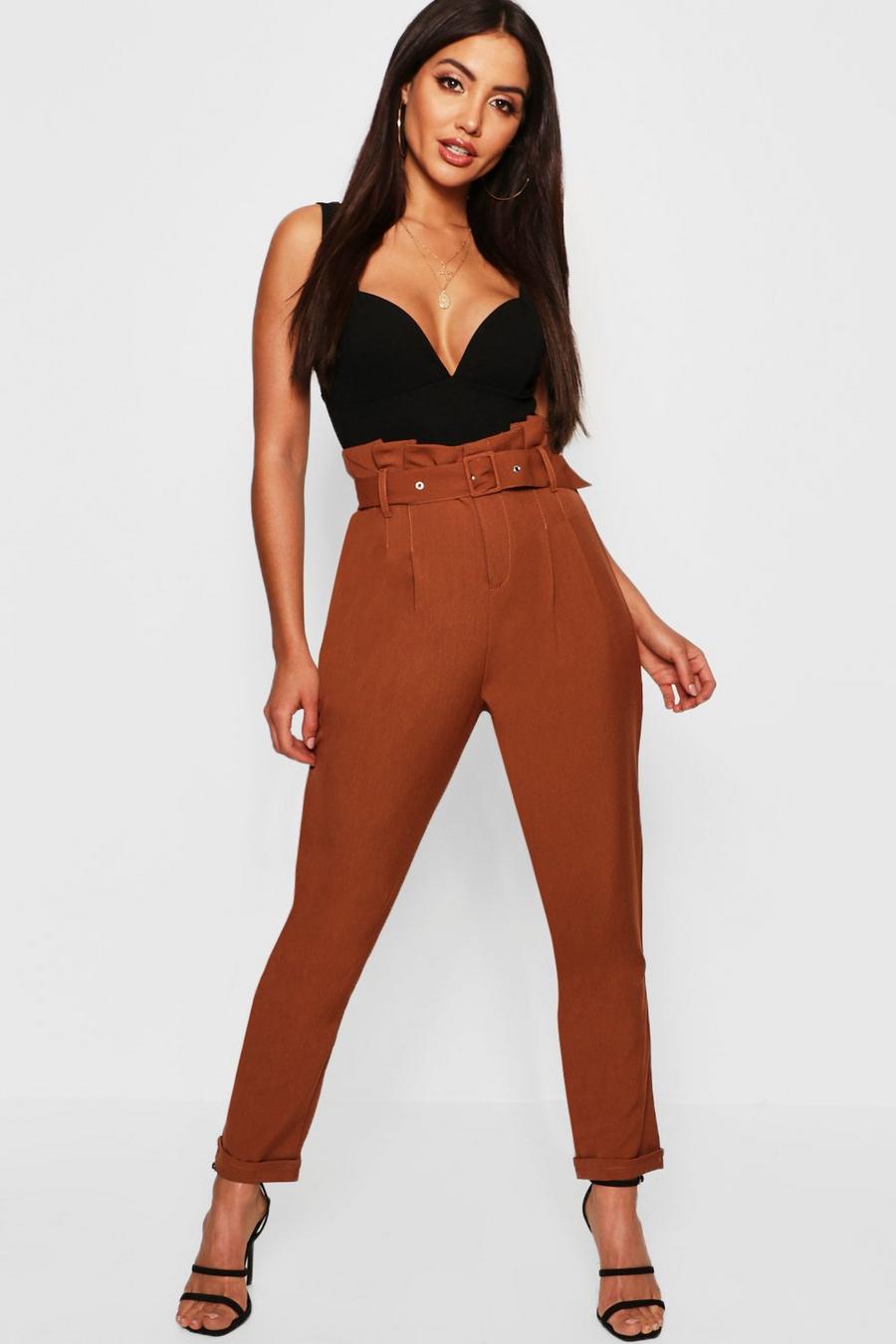Tan Paperbag Belted Woven Slim Fit Trousers image number 1