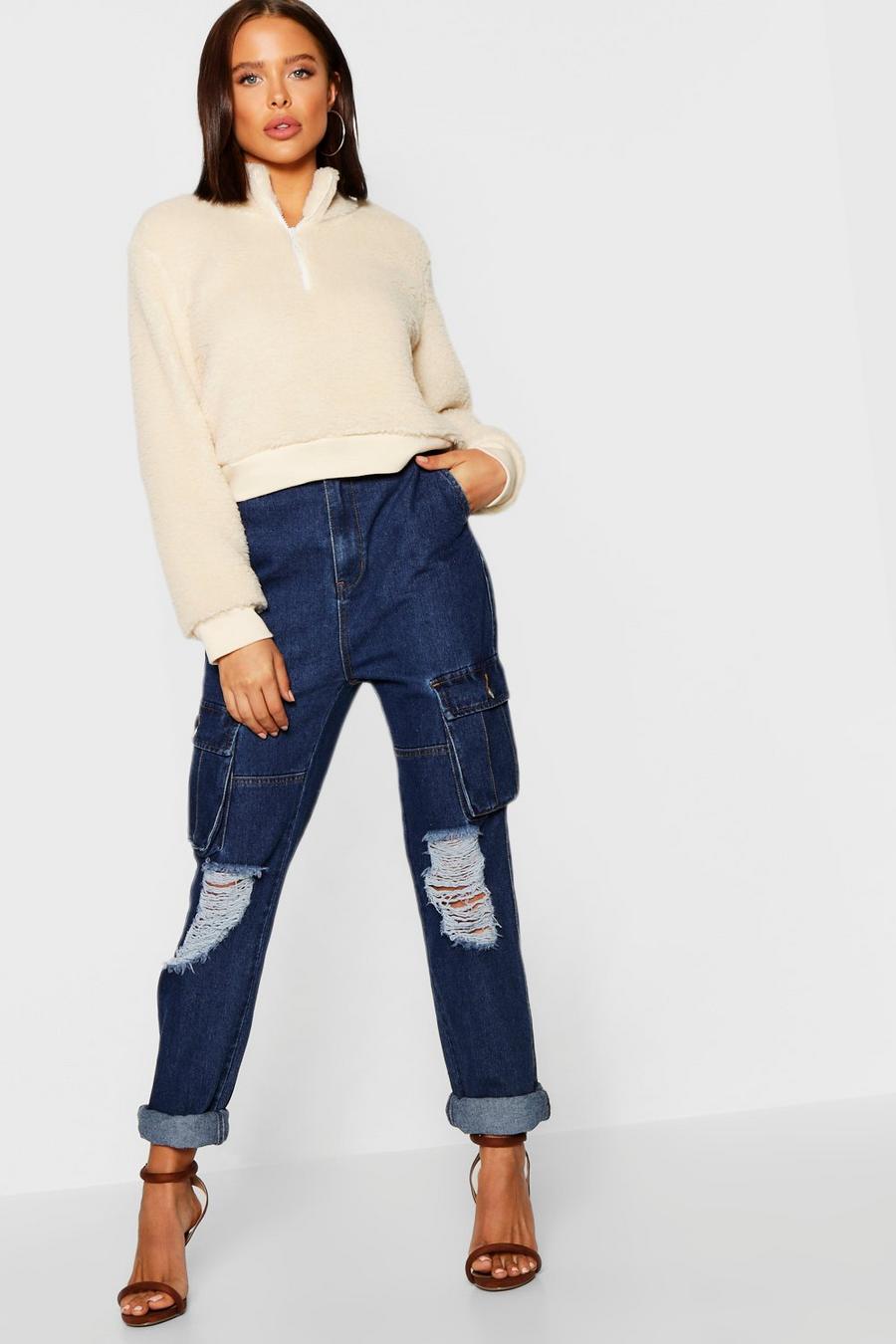 כחול ביניים מכנסיים Mid Rise בסגנון שימושי מבד ג'ינס עם קרעים image number 1