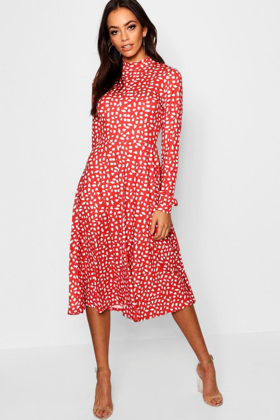 Red High Neck Long Sleeve Dalmatian Print Midi Dress image number 1