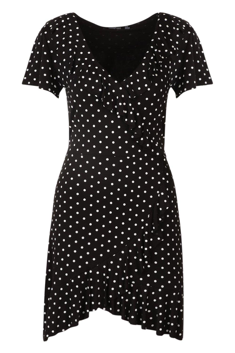 polka dot wrap front ruffle tea dress