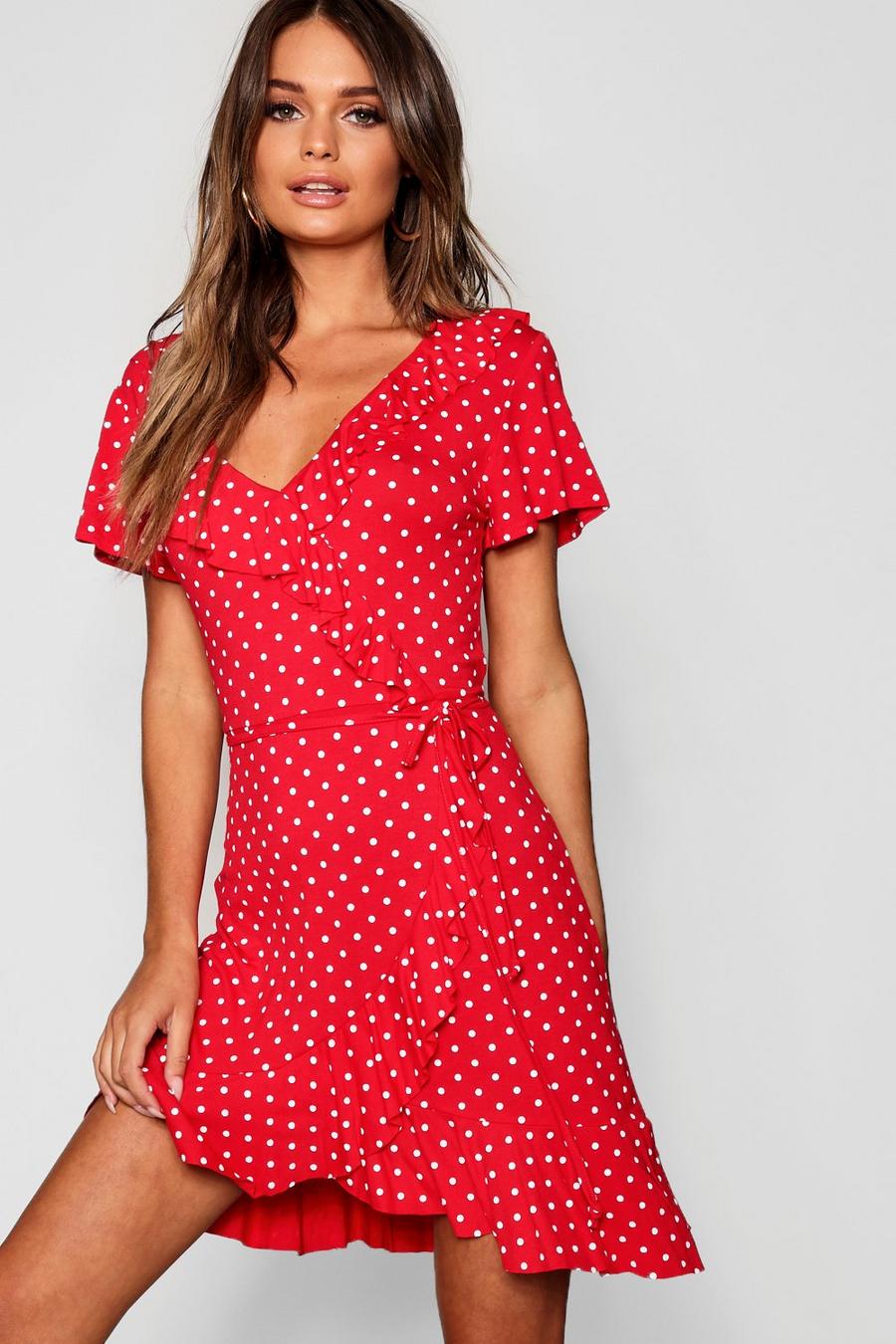 Red Polka Dot Wrap Front Ruffle Tea Dress image number 1