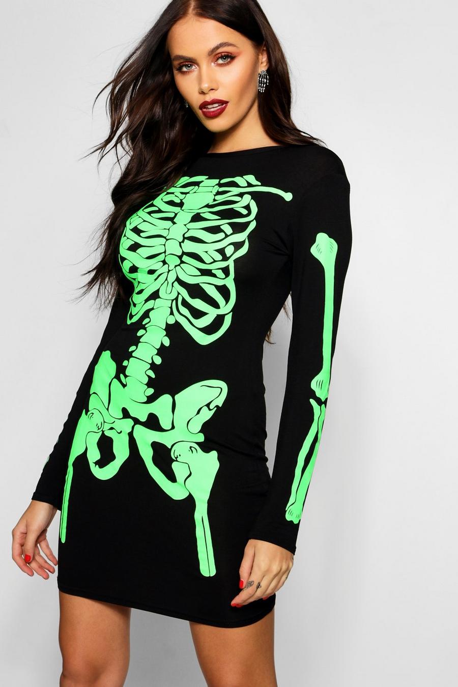 Halloween Neon Bodyconkleid mit Skelett-Print, Schwarz image number 1