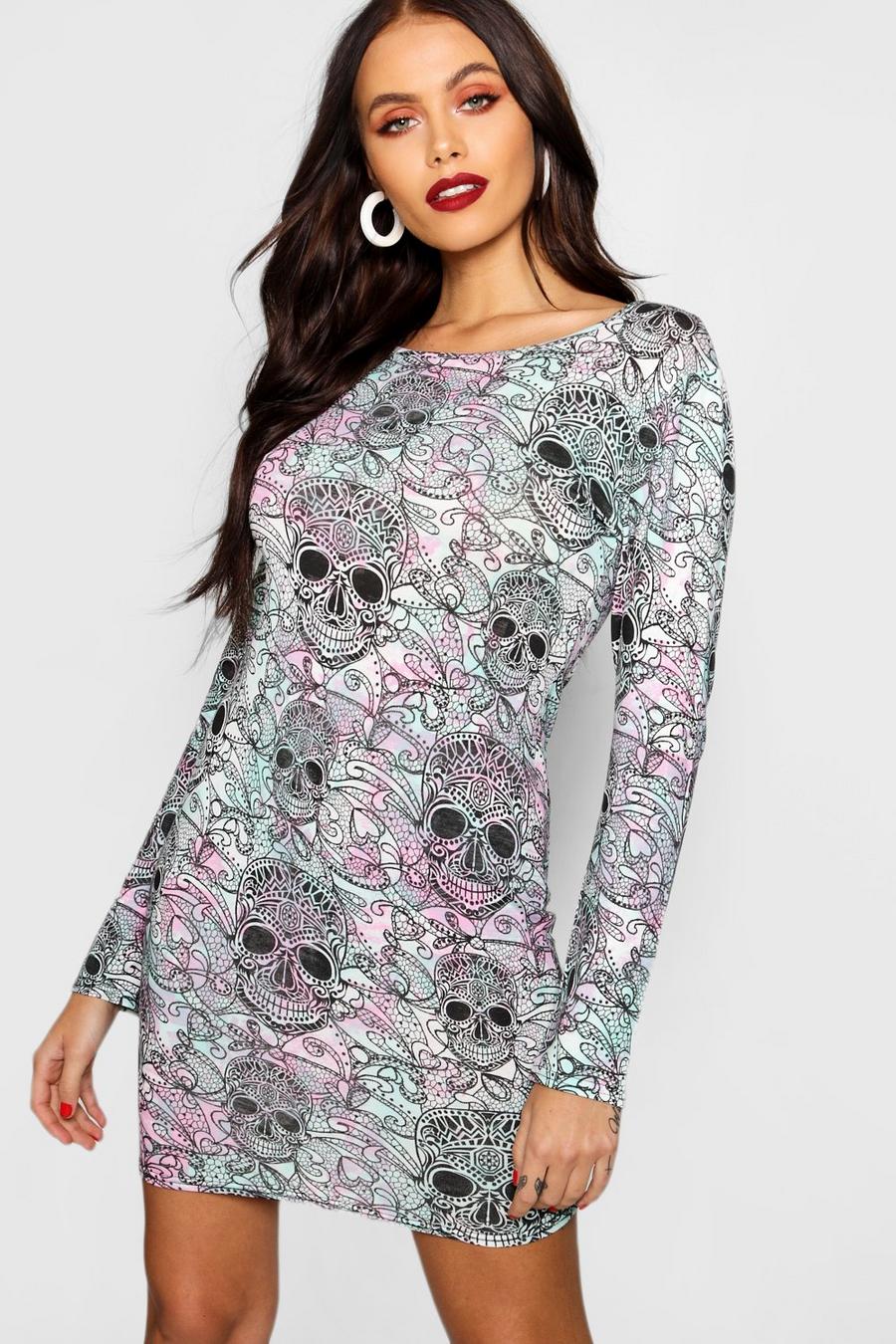 Purple Halloween Sugar Skull Long Sleeve Bodycon Dress image number 1