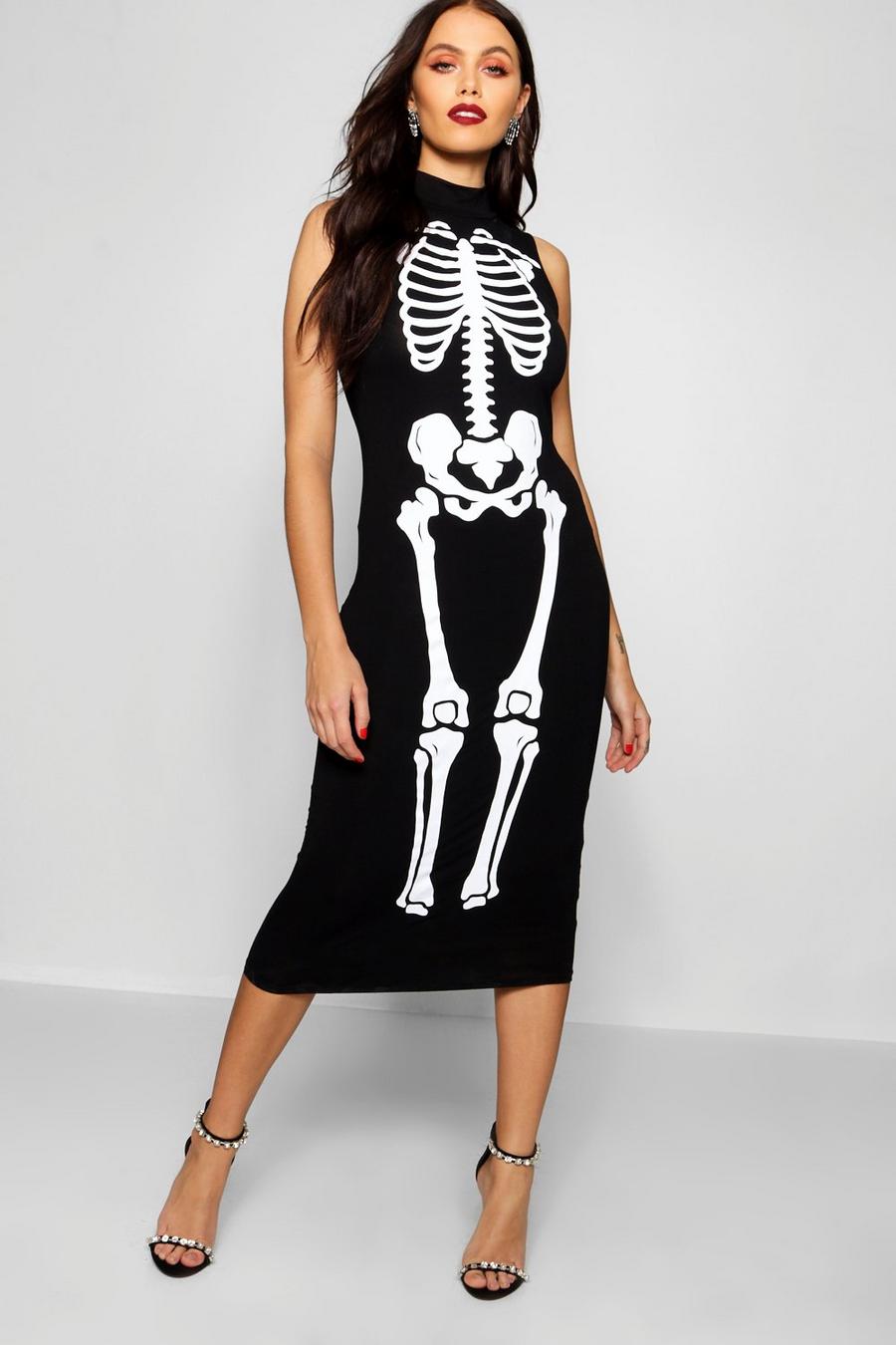 Halloween Skeleton Print High Neck Midi Dress image number 1