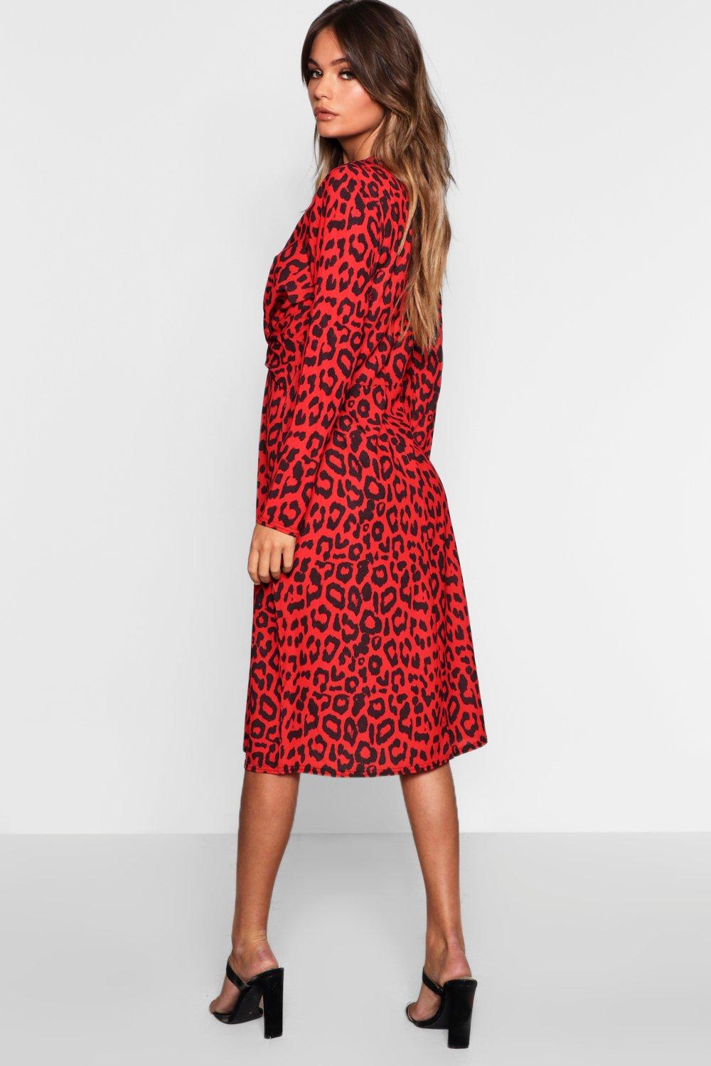 Red Leopard Knot Front Skater Dress