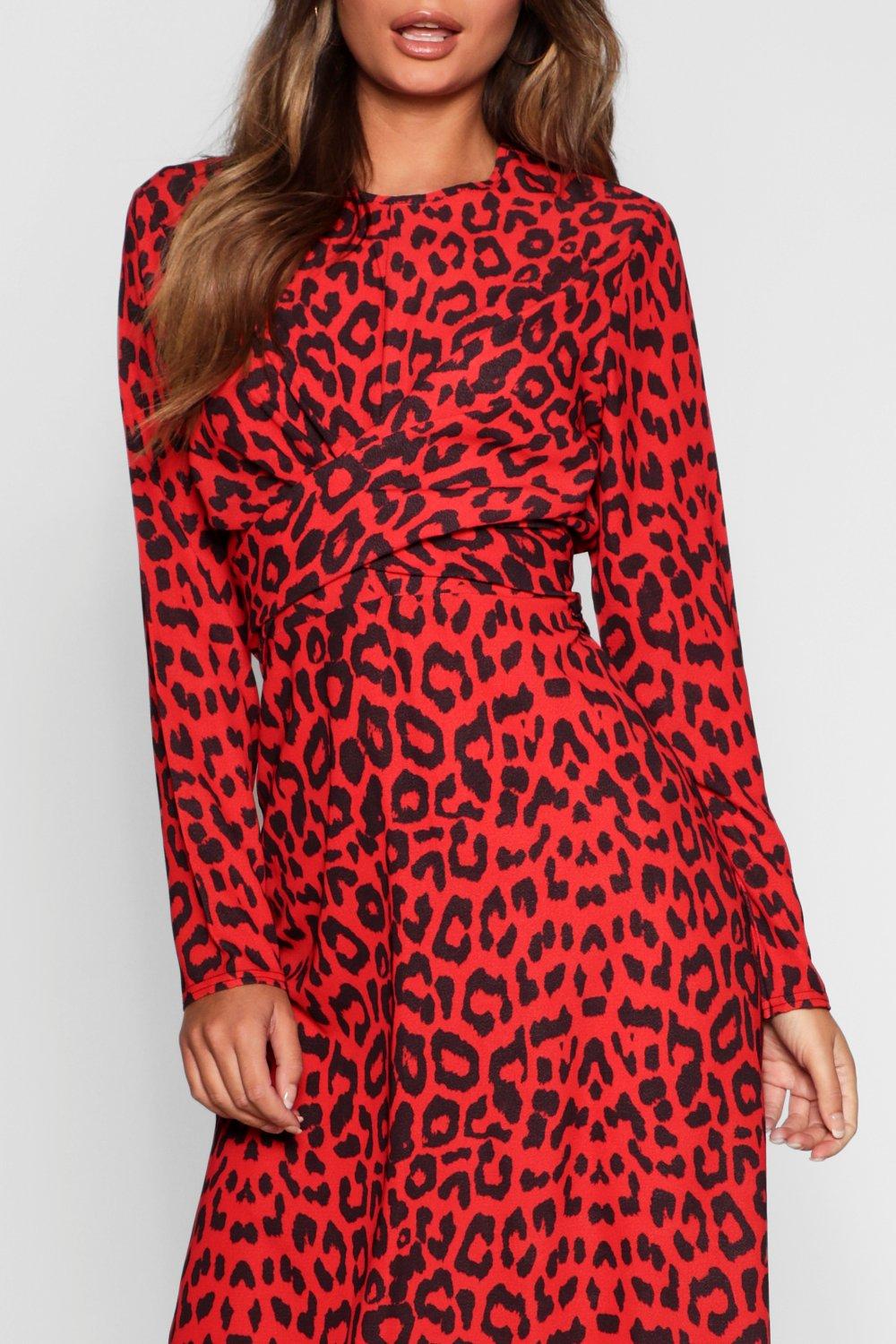 Red Leopard Knot Front Skater Dress