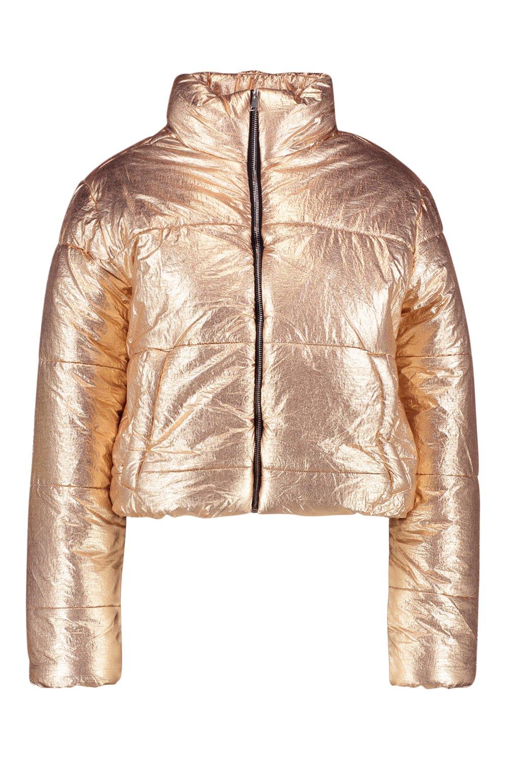 Metallic crop shop puffer jacket