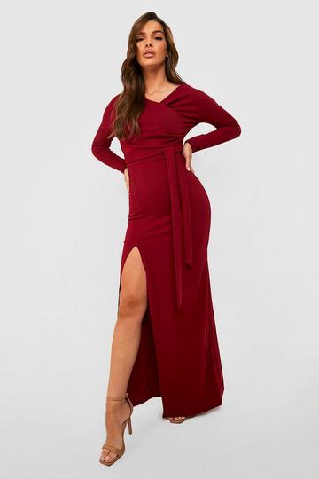 Off The Shoulder Split Maxi Bridesmaid Dress berry