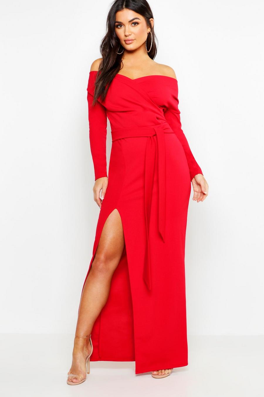 אדום rosso שמלת שושבינה מקסי חשופת כתפיים עם שסע
