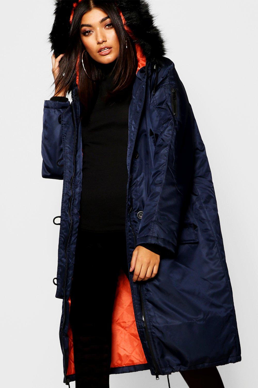 Contrast lined faux fur hood parka coat hotsell