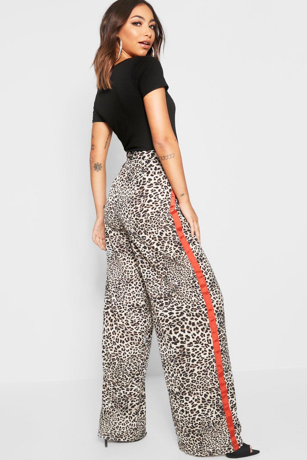 Leopard print trousers with red stripe sales