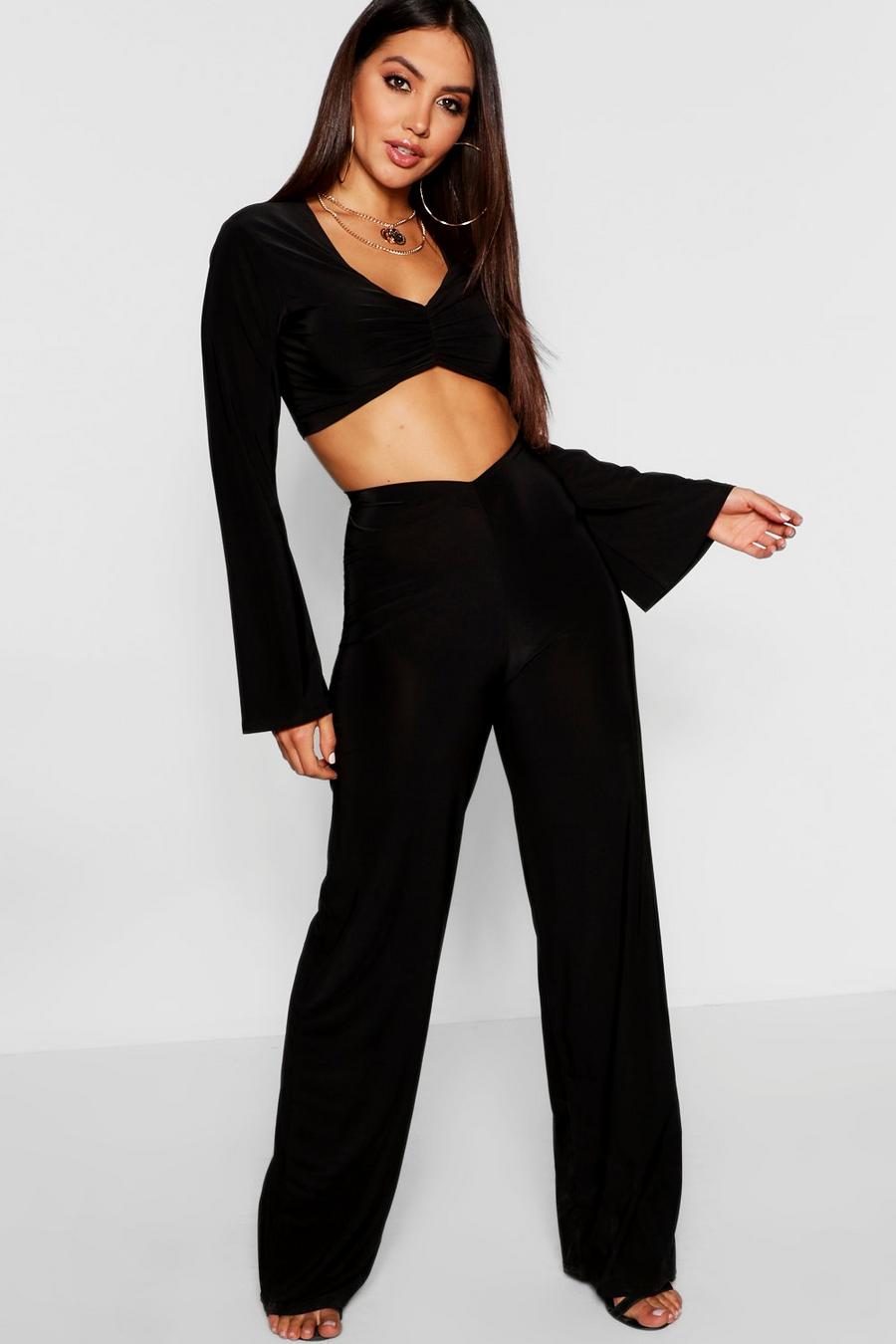 Ruched Long Sleeve Top + V-Front Wide Leg Pants Co-Ord image number 1