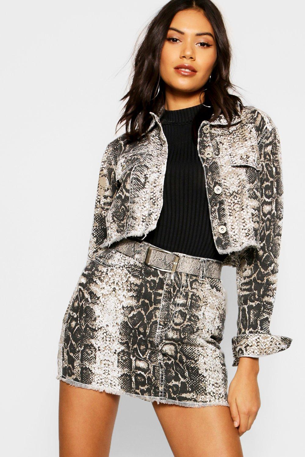 snake print denim skirt