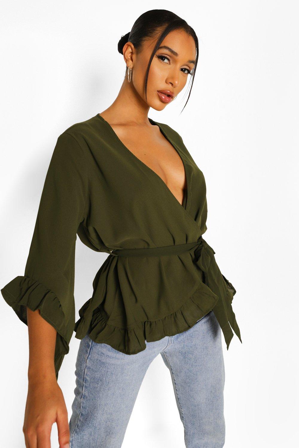 ruffle hem wrap blouse