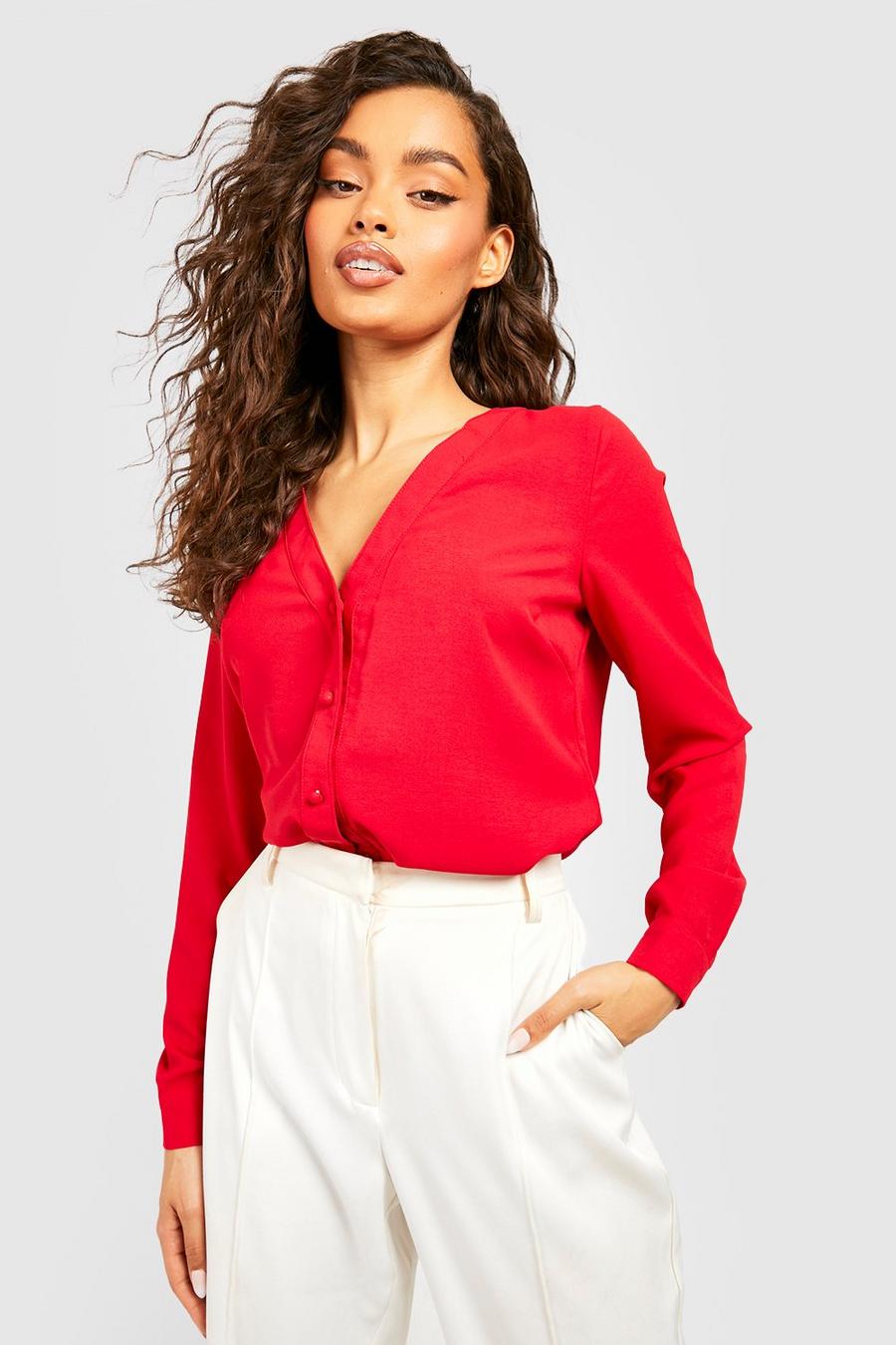 Blouse à col V, Red rouge