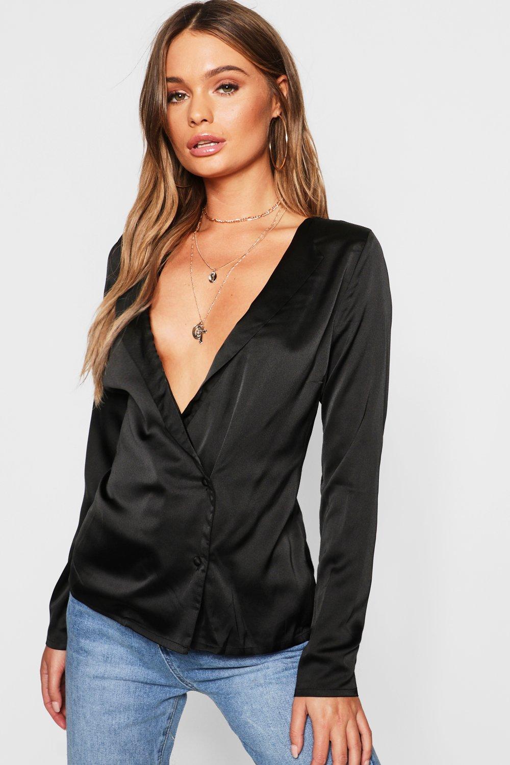 black satin wrap blouse