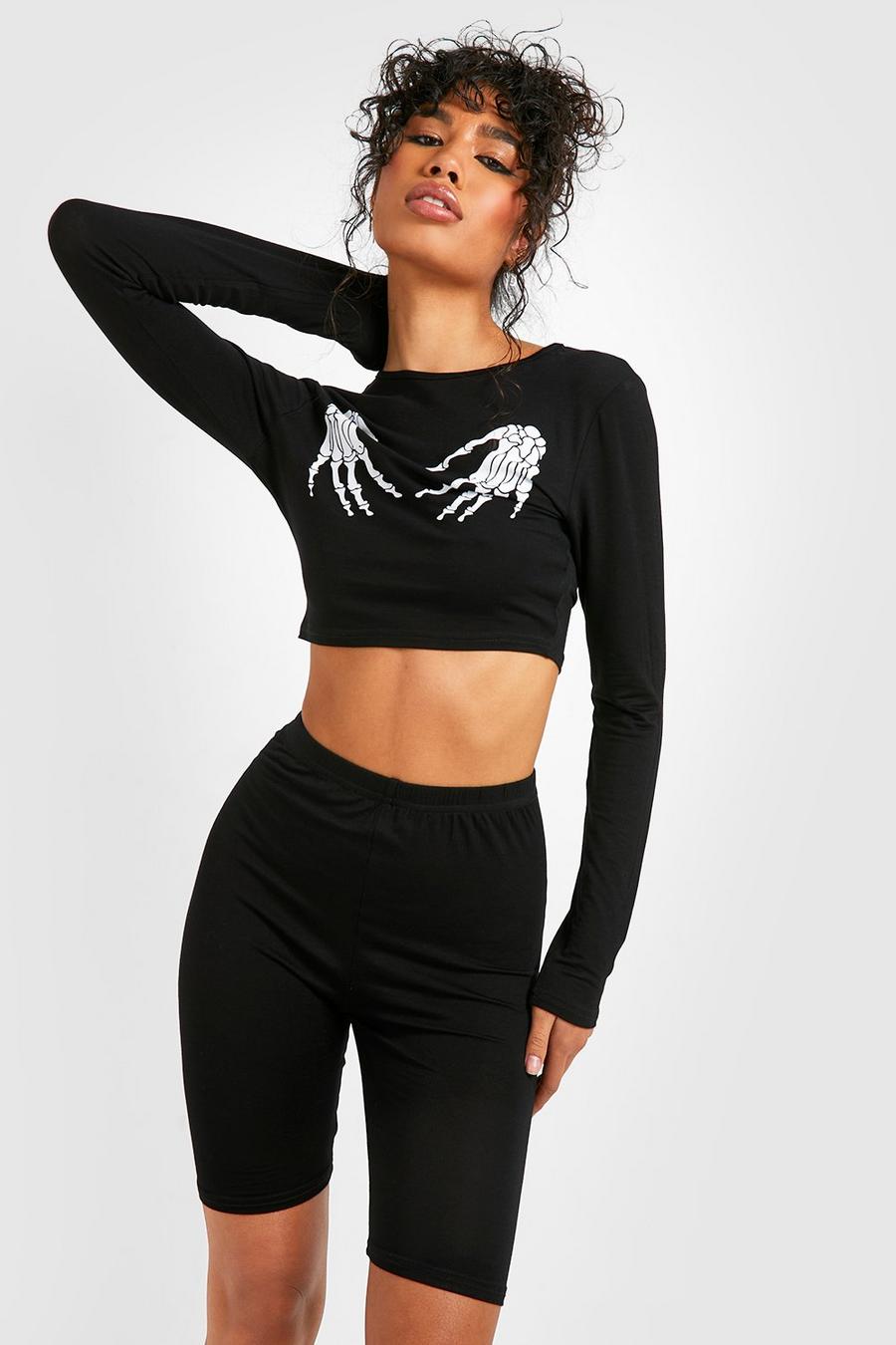 Black Halloween Skeleton Hands High Neck + Shorts Two-Piece image number 1
