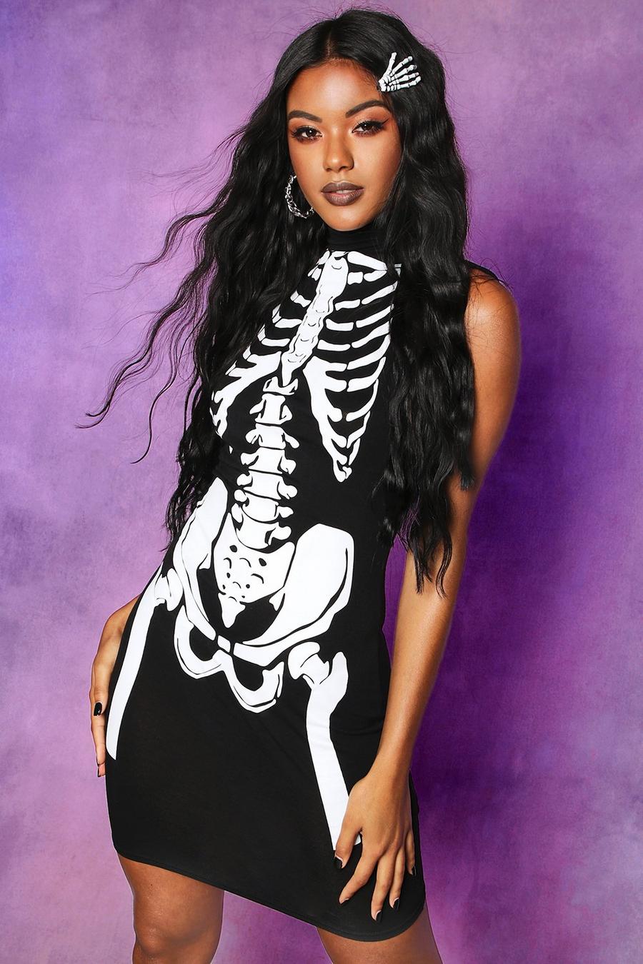 Black Halloween Skeleton High Neck Sleeveless Mini Dress image number 1