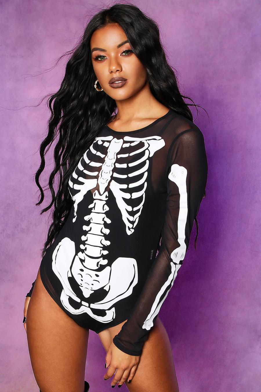 Black Halloween Body i mesh med skelett image number 1