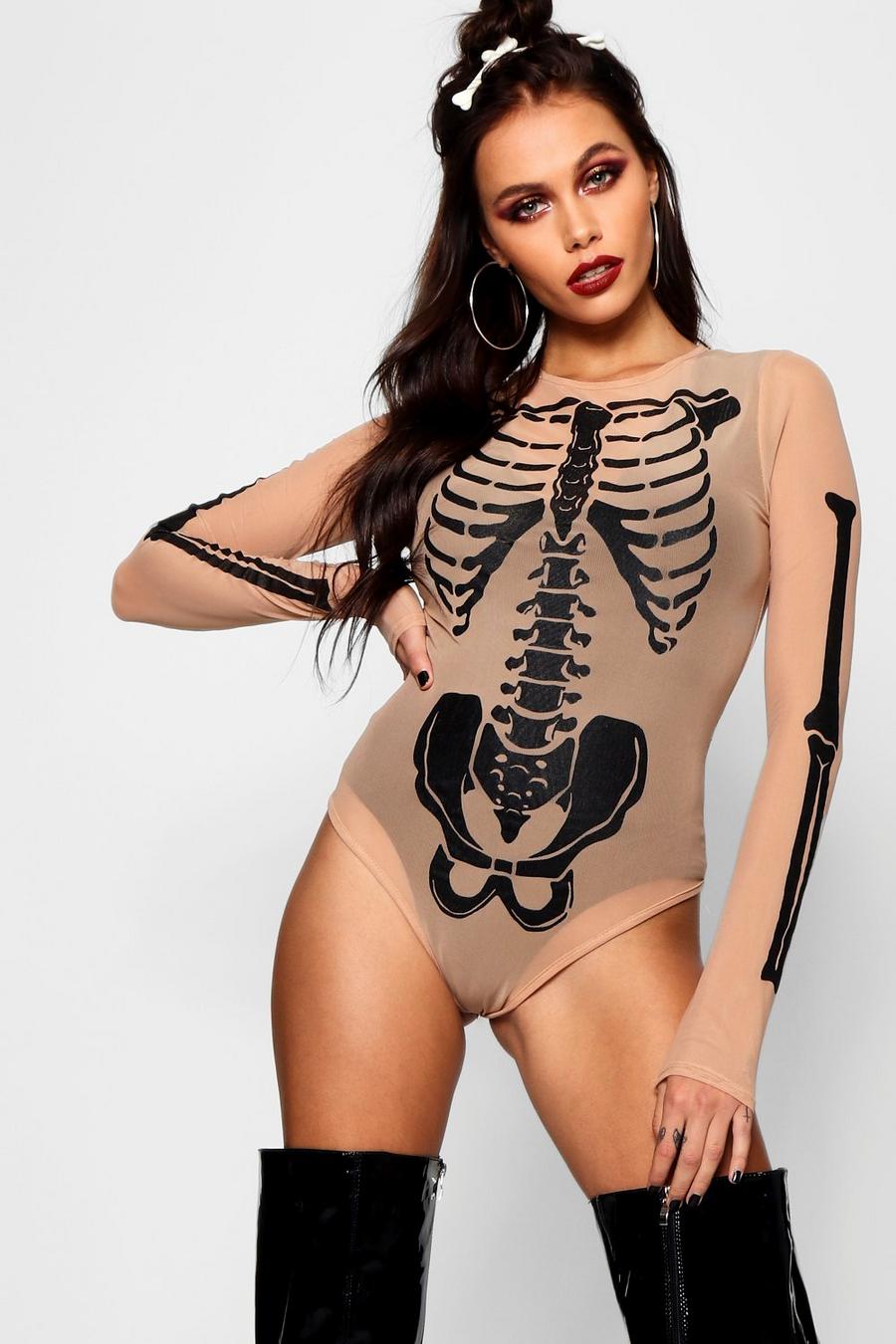 Nude Halloween Body i mesh med skelett image number 1