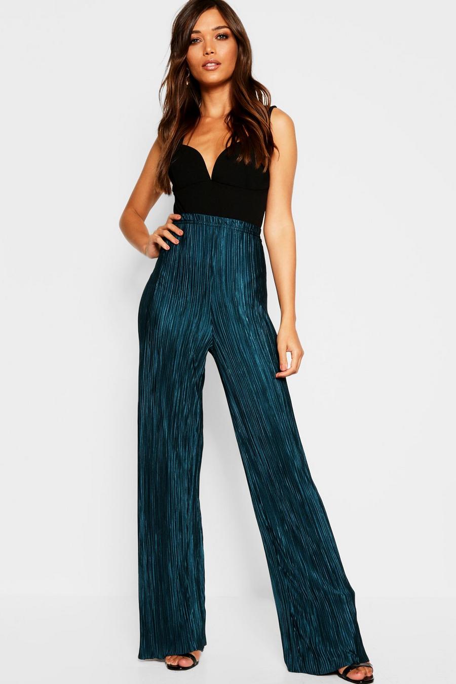 Teal Plisse Pleated Wide Leg Trouser image number 1