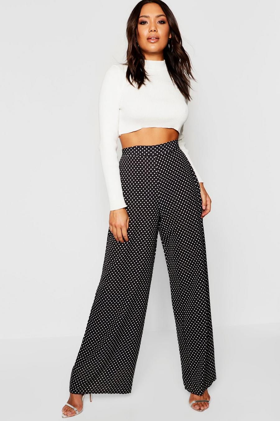 Black Woven Polka Dot Wide Leg Trousers image number 1