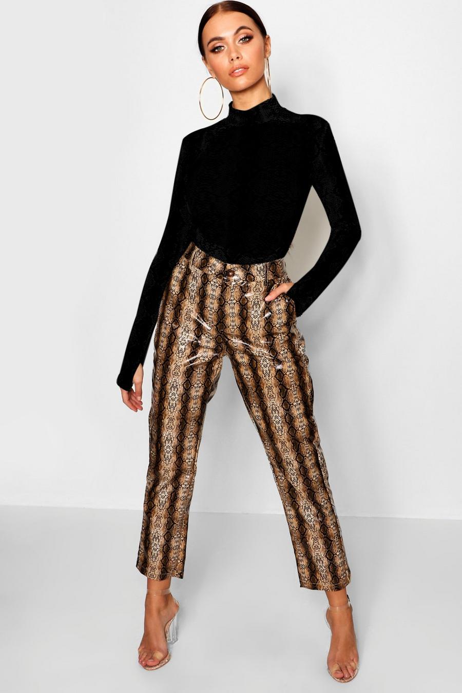 Pantaloni slim fit con stampa effetto pelle di serpente in poliuretano, Cioccolato image number 1