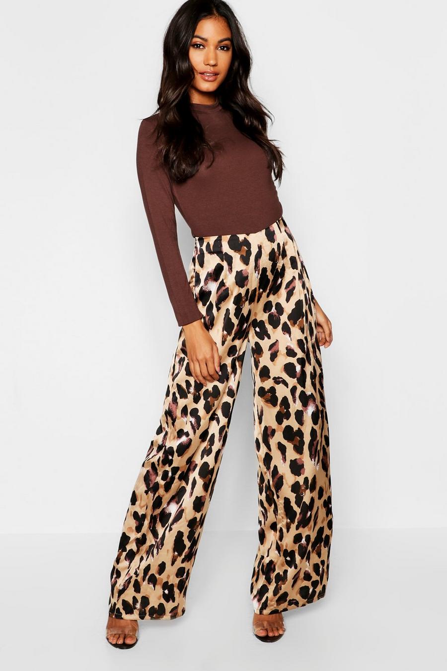 Stone Satin Leopard Print Wide Leg Trouser image number 1