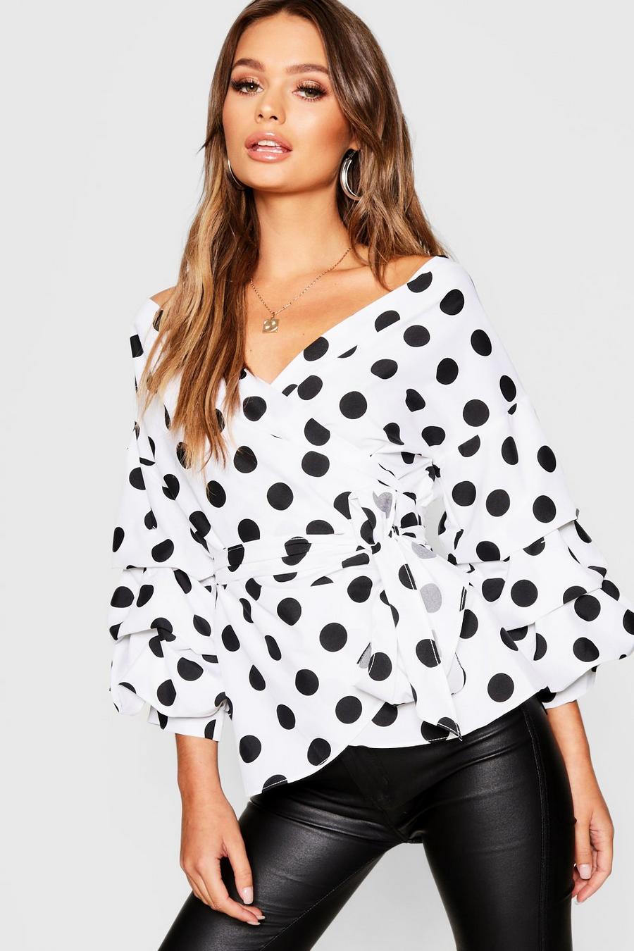 Spot Print Ruffle Tiered Sleeve Wrap Blouse image number 1