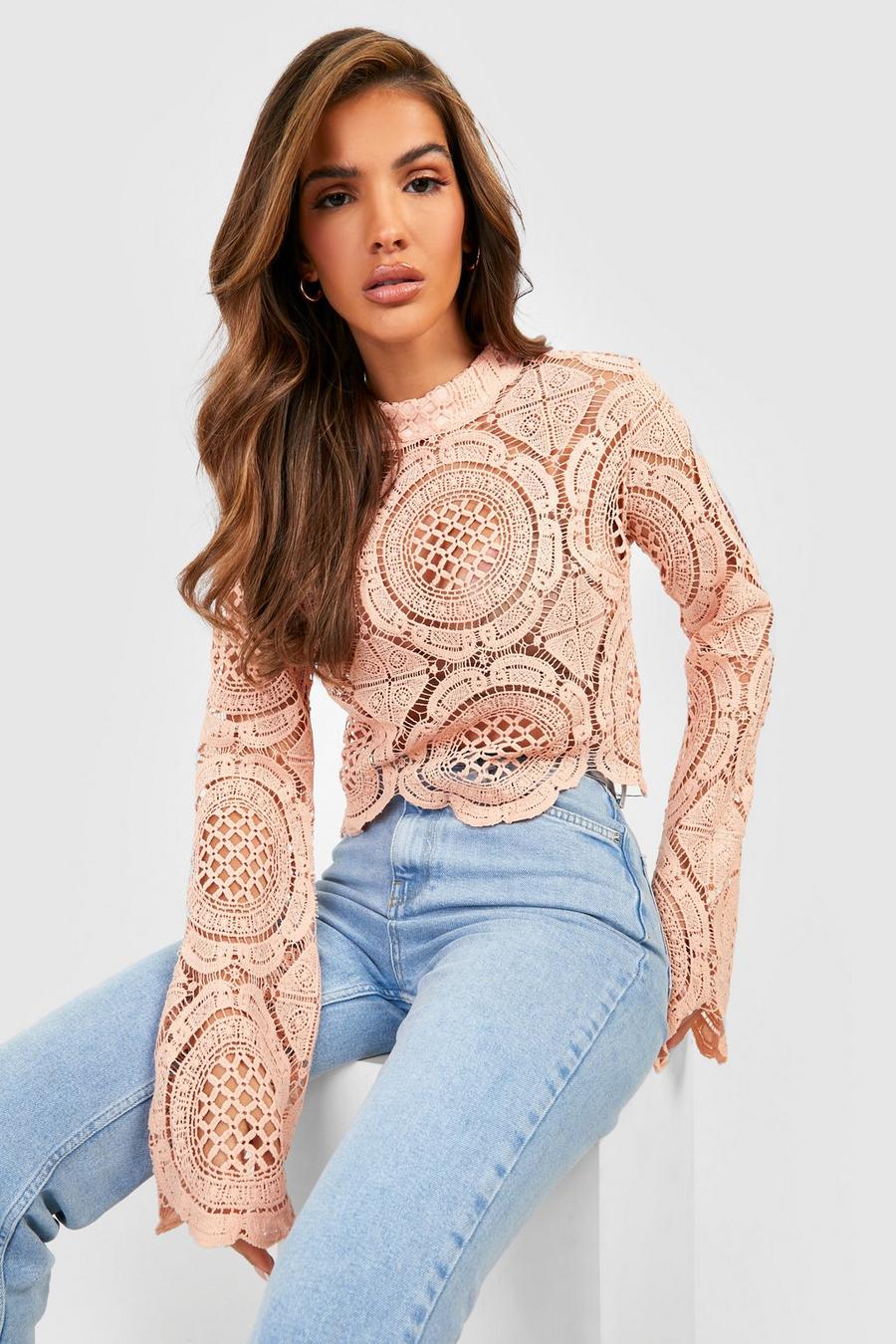 Nude Turtle Neck Crochet Lace Crop Top image number 1